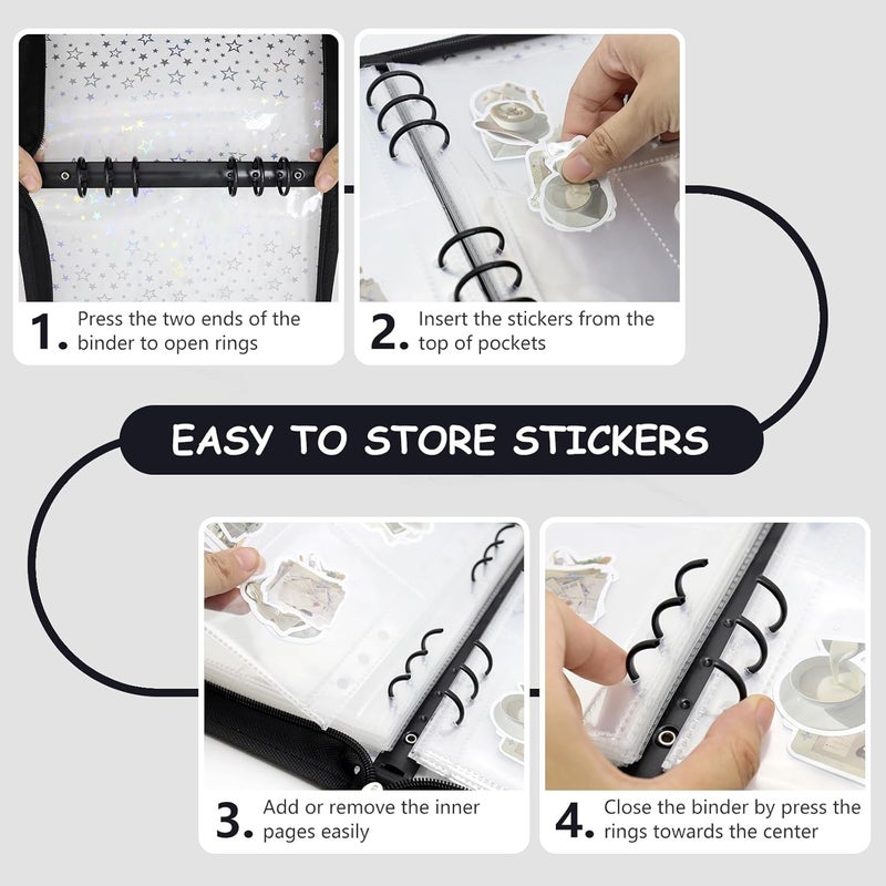 Ruatu Sticker Storage Organizer Binder A5 Sticker Collecting Book Reusable Zipper Album with Clear Laser Star Cover and Pocket Pages (Black) - Image 4